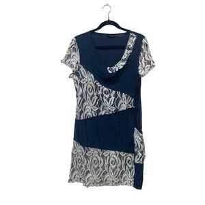 Black W/Beige Lace Panel Boho Dress‎ Short Sleeve Casual Tunic Womens Size Med